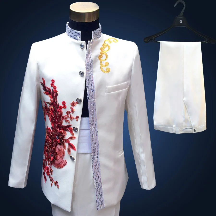 New Black Wedding Groom Tuxedos Suit Men Fashion Paillette Embroidered Male Singer Performance Party Prom Blazer Suit 4 Pcs