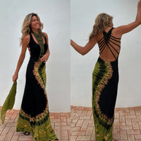 Sexy Hollow Tie-up Backless Vacation Dress Women Print U-Neck Package Hip Slim Party Dresses Casual Sleeveless Female Vestidos