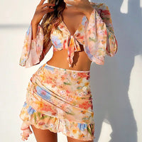 New Arrival Sexy Print Four Piece Bikini Set High Waist With Beach Skirt Long Sleeve Crop Top Swimwear Bikini Bathing Suit