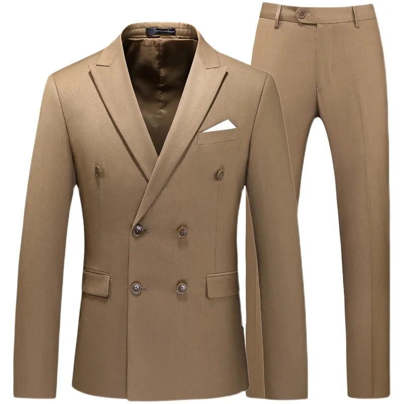 Khaki Men's Suits Blazer Notched Lapel Double Breasted Regular Length Elegant Full Set Formal Blazer 3 Piece Jacket Pants Vest