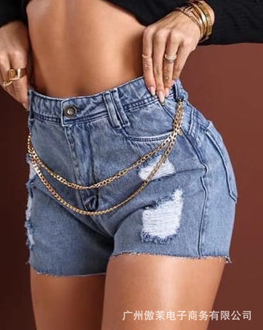 Chain Decor Ripped High Waist Denim Shorts Women Summer Fashion Casual Skinny Hole Short Jeans Boyfriends for Women