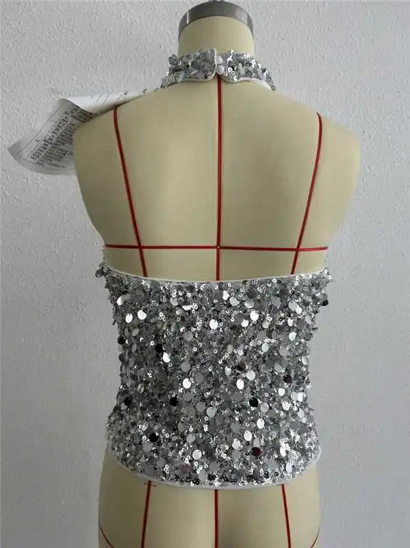 Top Women 2025 Summer New Fashion Hanging Neck Sleeveless Sexy Backless Sequin Decor Solid Color Casual Daily Tank Top