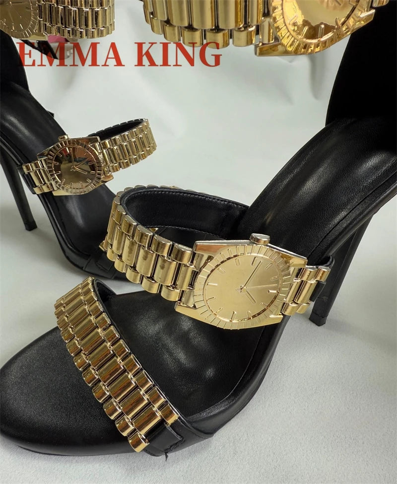 Gold Watch Studded Sandals Open Toe High Heel Ankle Strap Sandals Back Zipper Metal Chain Gladiator Sandals Summer Party Shoes