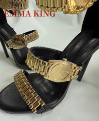 Gold Watch Studded Sandals Open Toe High Heel Ankle Strap Sandals Back Zipper Metal Chain Gladiator Sandals Summer Party Shoes