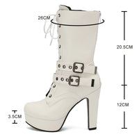 Women Punk Style Lace-Up Ankle Boots Belt Buckle Platform High Heels Short Boot Female White Autumn Winter Round Toe Shoes 2025