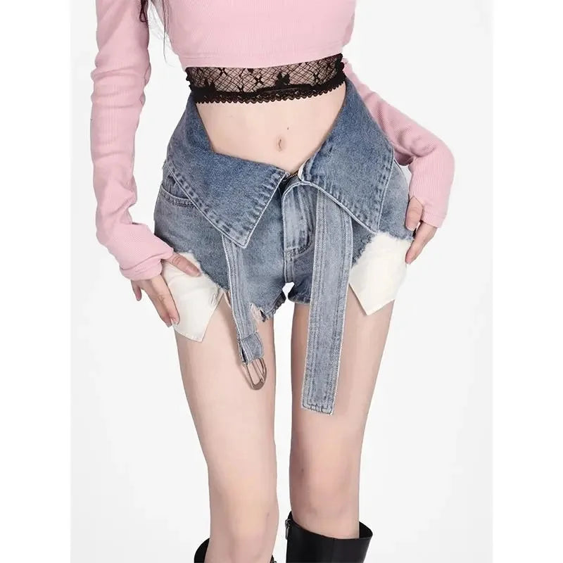 Irregular Rough Edge Female Short Jeans Korean Version Belt Fake Two Pieces Cowboy 2023 New Summer Fashion Women's Hot Pants