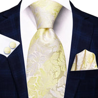 Hi-Tie Champagne Floral Paisley Silk Elegant Tie For Men Groom Wedding Men Necktie Pocket Square Cufflink Accessory Wholesale