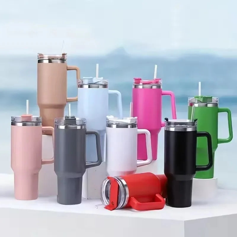 40oz 304 stainless steel vacuum insulated water cup with handle, straw cover, car portable sports travel cup leak proof design