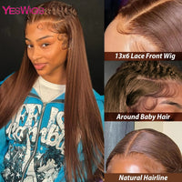 36 Inch Bone Straight Chocolate Brown 13x6 Lace Frontal Wigs 100% Brazilian Virgin Hair Pre Plucked Glueless Wigs Human Hair Wig