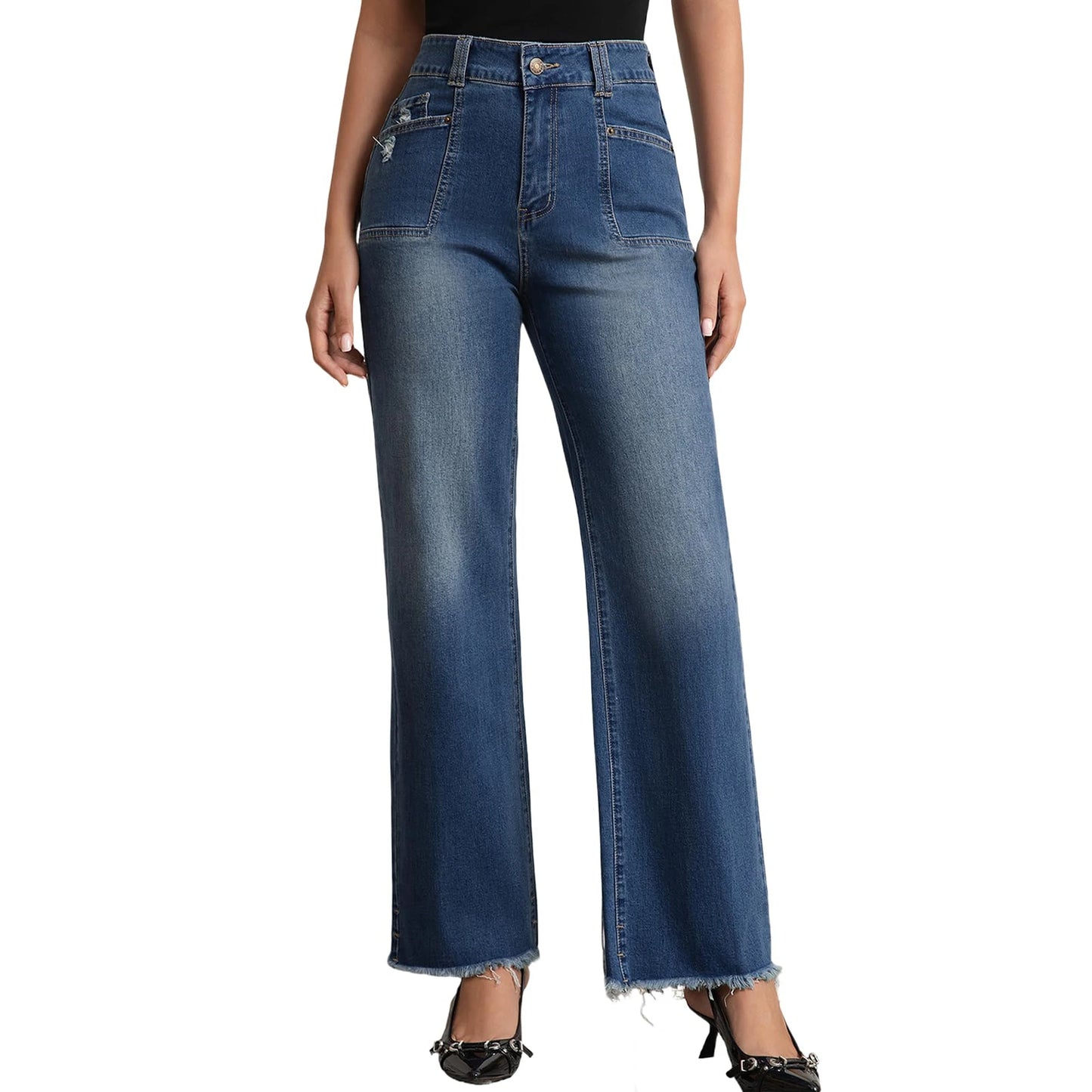 Women's New Jeans Causal Straight Mid-Waisted Jeans Spring Autumn Thin Wide-Leg Retro Temperament Daily Commute All-Match Pants
