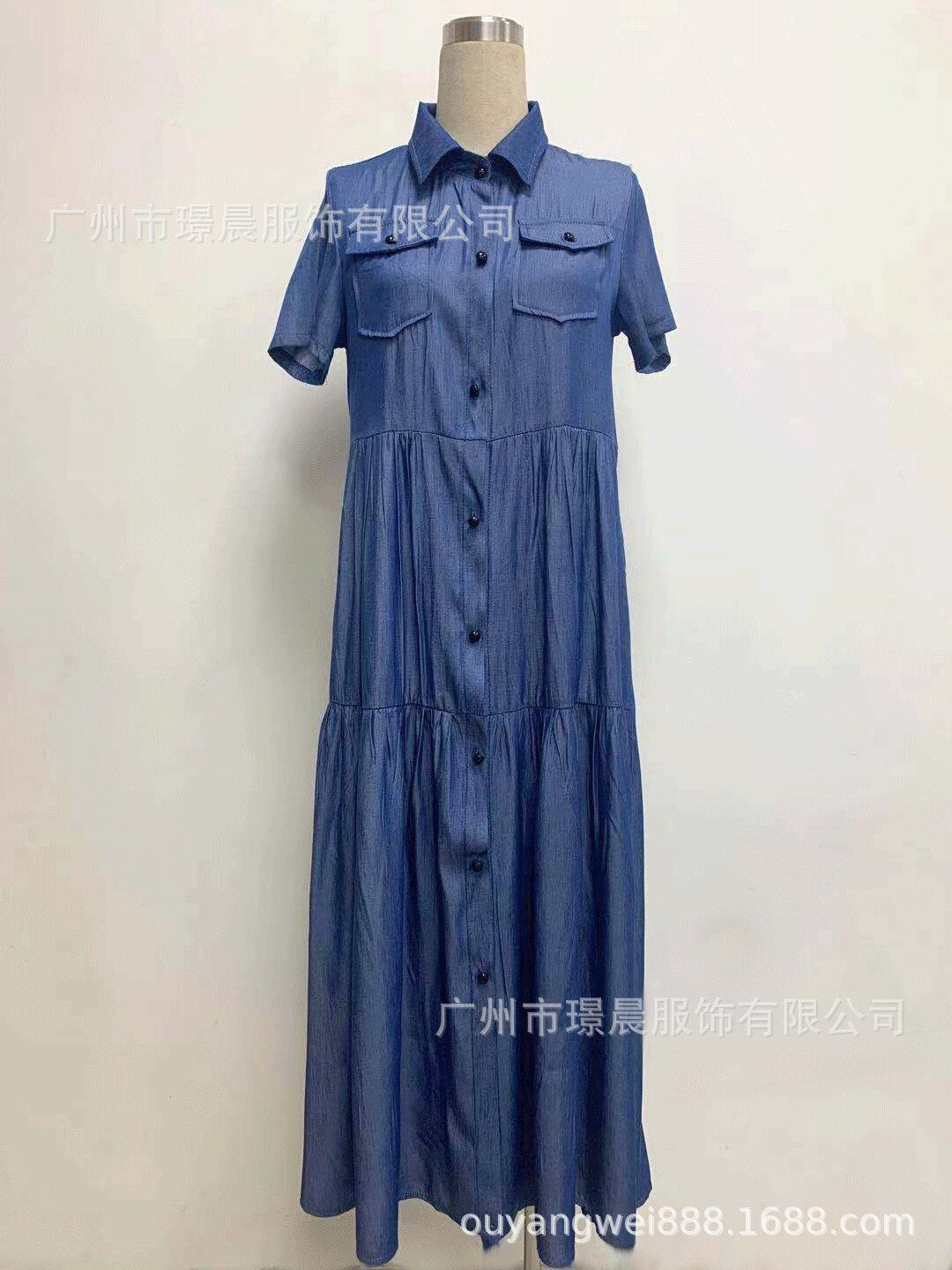 2023 Summer New Spliced Long Dress for Women Casual Solid Color Large Swing Denim Dress