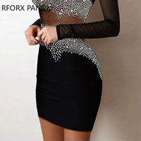 Women Elegant Rhinestone Decor Sheer Mesh Bodycon Dress