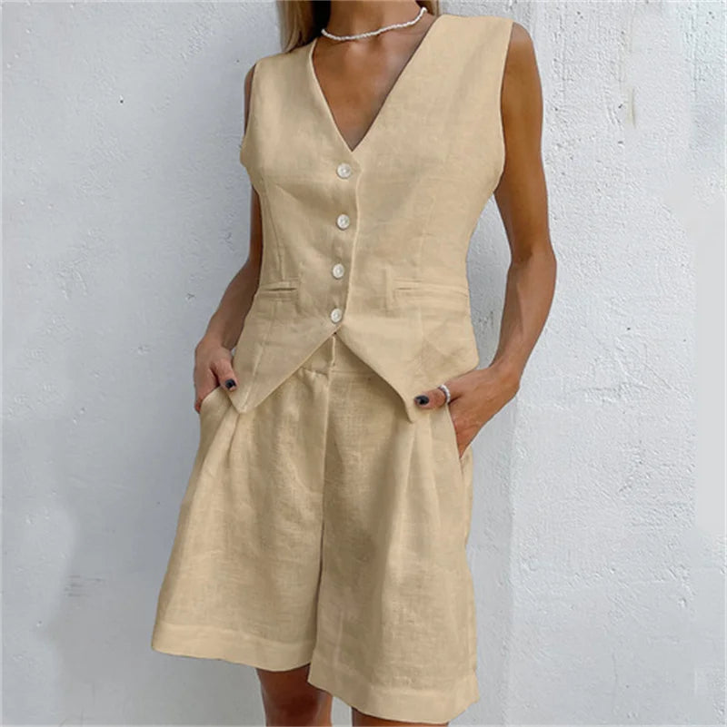 2023 summer Women Cotton Linen Waistcoat Solid Single Vest Tops Two Piece Set Basic Wide Leg Shorts Outfits Y2K office lady