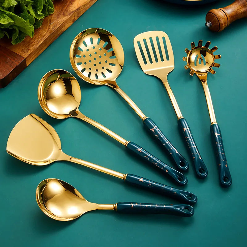 Dark green gold cooking pots set stainless steel cookware set non stick Spatula Shovel spoon kitchen utensils accessories set