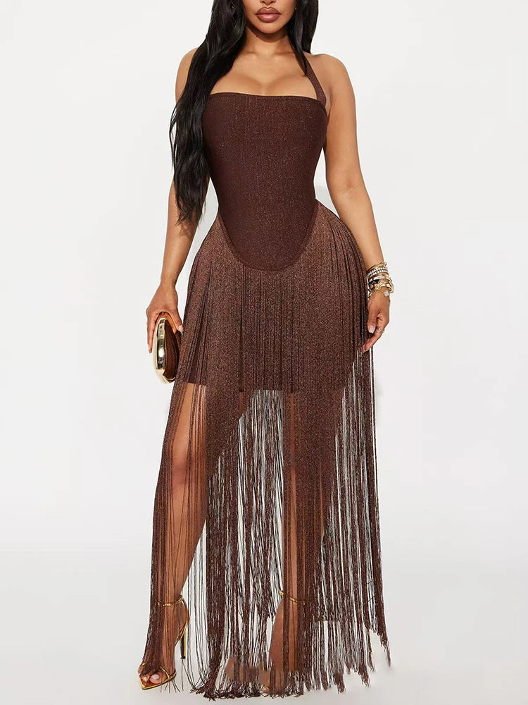 Vintage Sleeveless Halter Tassel Hem Dress Hot Girl Sleeveless Hollow Out Swing Dress Sexy Cocktail Party Backless Women's Dress