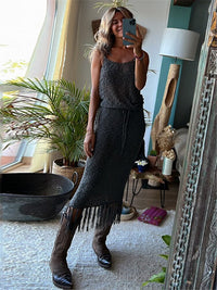 2023 Sexy Camisole Blouse Tassel Beach Long Skirt Two-piece Set