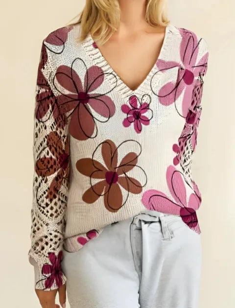 Elegant Bohemian Floral V-neck Long Sleeved Top Fashionable V-neck Pullover Hollow Printed Sweater Pullover 2025 Casual Knitwear