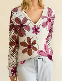 Elegant Bohemian Floral V-neck Long Sleeved Top Fashionable V-neck Pullover Hollow Printed Sweater Pullover 2025 Casual Knitwear