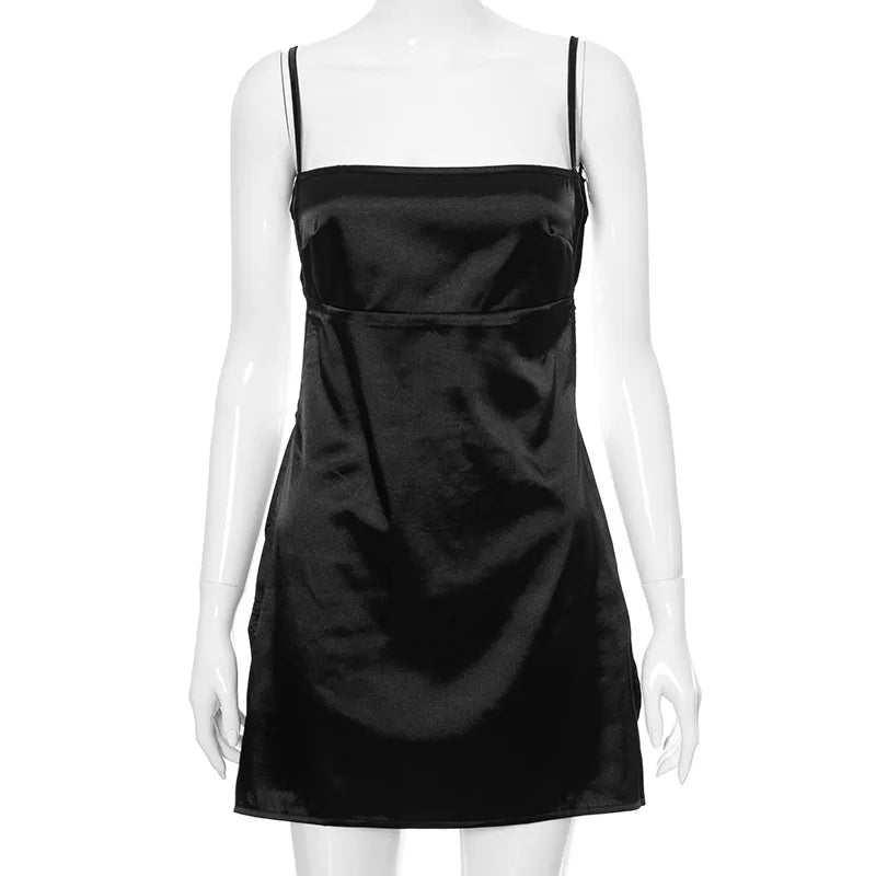 Punk Summer Spaghetti Strap Mini Dress Women Sexy Slit Bodycon Club Party Backless Dresses Chic Satin Silky Black Short Sundress