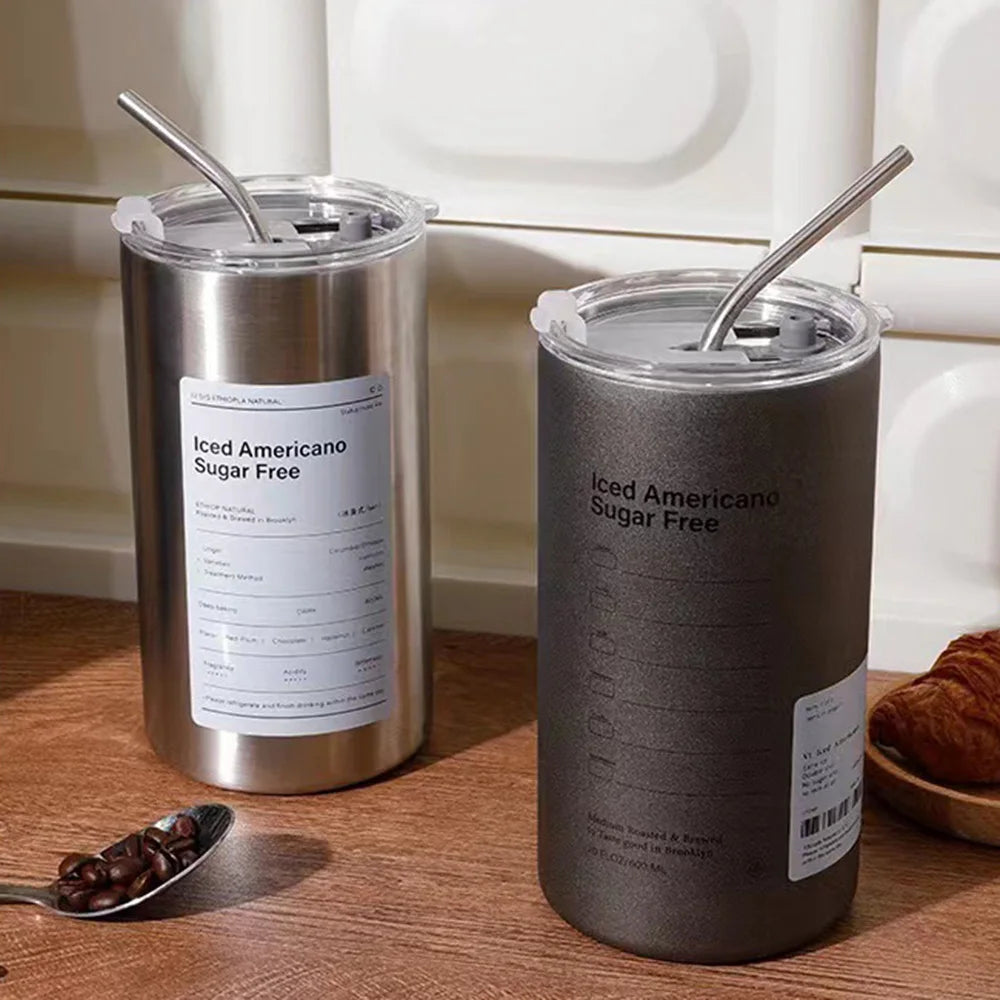 360/600ml Stainless Steel Coffee Cup Double Vacuum Insulated Cup Portable Ice American Keep Cold Coffee Mug with Lid + Straw
