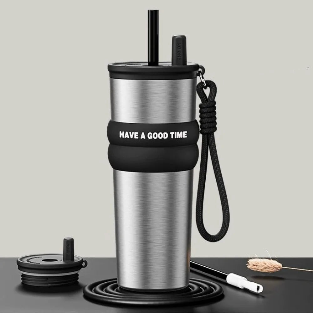 Stainless Steel Vacuum Insulated Bottle Large Caliber Large Capacity Thermal Cup With Straw with Lifting Rope Insulated Cup Car