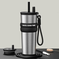 Stainless Steel Vacuum Insulated Bottle Large Caliber Large Capacity Thermal Cup With Straw with Lifting Rope Insulated Cup Car
