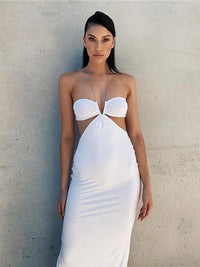 Cryptographic 2022 Summer Spaghetti Strap Halter Sexy Backless Maxi Dress Elegant Bandage Sleeveless Club Party Dresses Bodycon