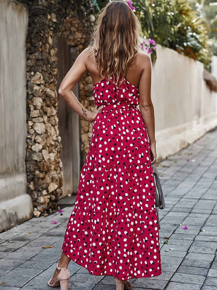 Summer Women Polka-Dot Long Dress Beach Dresses Strapless Casual White Midi Sundress 2022 Red Summer Vacation Clothes For Women