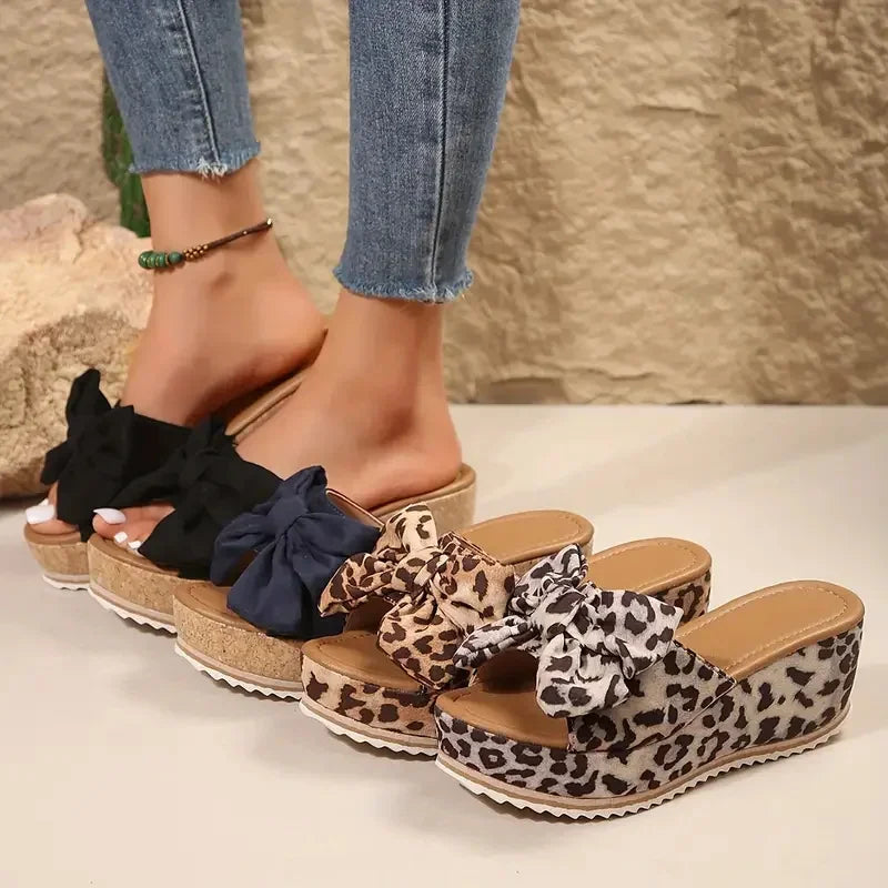Women Wedge Slippers 2025 Leisure Large Size Shoes Women Platform Outdoor Sandals Leopard Print Bow Tie Slippers Slides Women