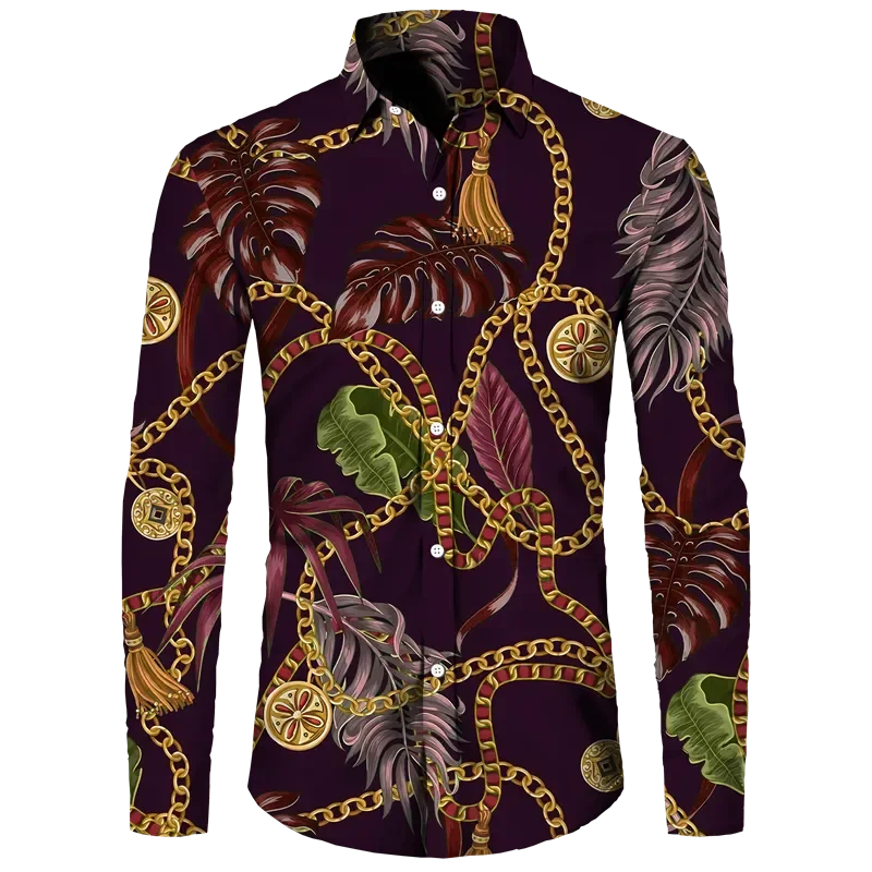 Fashion Luxury Golden Flower Print Men's Shirts Baroque Style Short/Long Sleeve Lapel Button Up Tops Social Hawai Party Cardigan