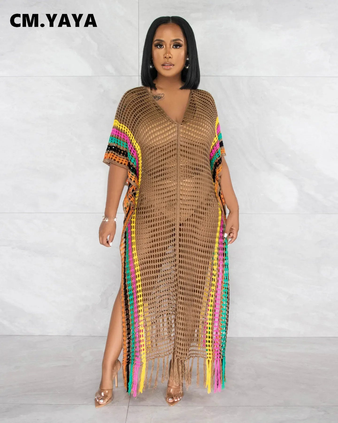 CM.YAYA Vintage Women Striped Crochet Knit Hollow Out V-neck Batwing Sleeve Maxi Long Slim Dress 2023 Sexy Party Evening Dresses