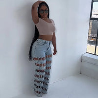 Denim Pant Women Jeans Long Pants Hollow Out High Waist Straight Mom Trousers Y2k Streetwear Elegant Splice Hole Casual Work