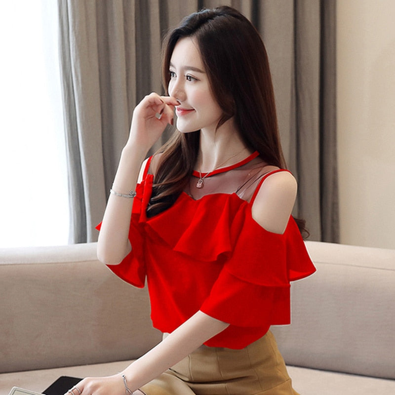 2023 Sexy Fashion Short Sleeve White Blouse Summer Women Blouses Chiffon Shirt Off Shoulder