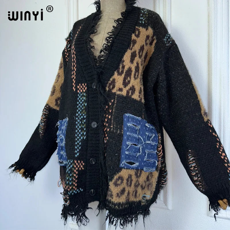WINYI Make old holes and knit winter cardigan woman kimono party dress vintage abaya dubai luxur winter outfits for women coat