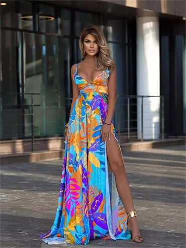 Printed Beach Cover Up Dress 2023 Women Deep V Neck Cover-ups Summer Beach Wear Sexy Elegant Female Summer Long Dress