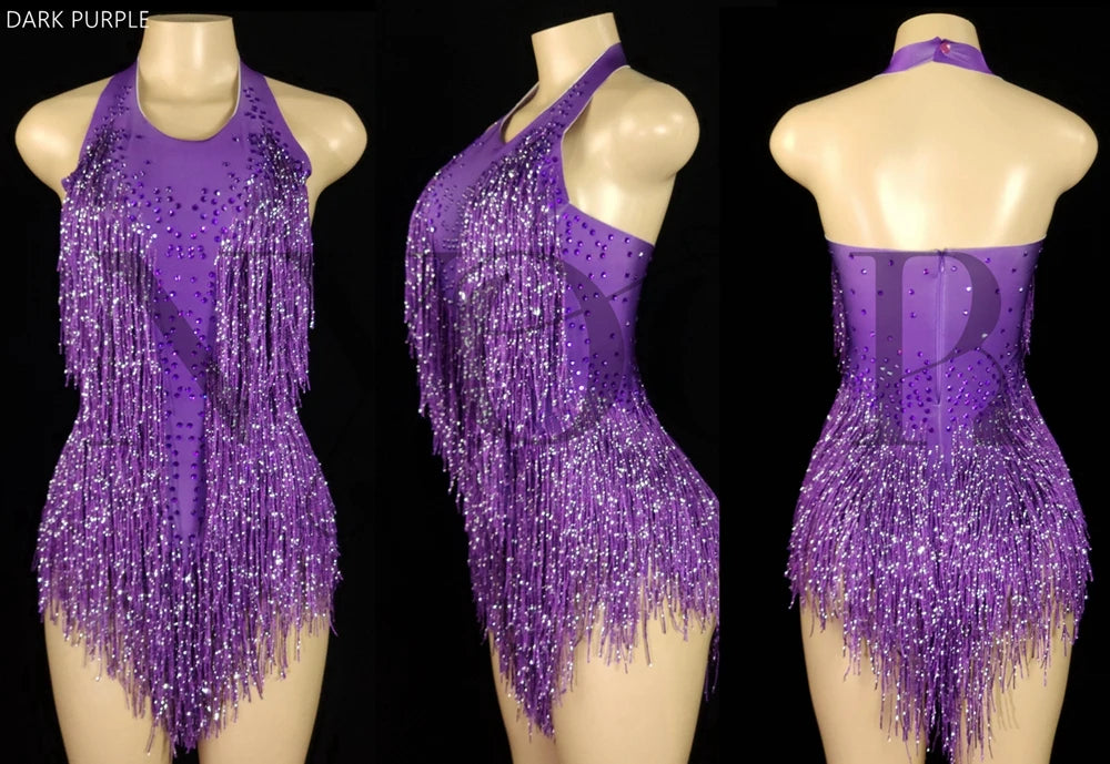 Sparkly Rhinestones Fringes Leotard Women Nightclub Party Outfit Dance Costume One-piece Stage Wear Sexy Performance Bodysuit