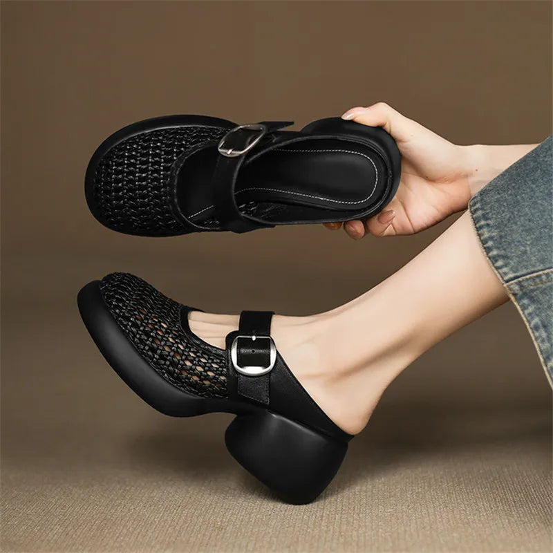 New Summer Slippers Cover Toe Slippers for Women Fashion Hollow Out Round Toe High Heels Ladies Shoes Chunky Heels Slippers