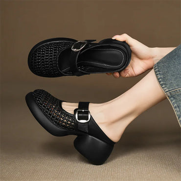 New Summer Slippers Cover Toe Slippers for Women Fashion Hollow Out Round Toe High Heels Ladies Shoes Chunky Heels Slippers