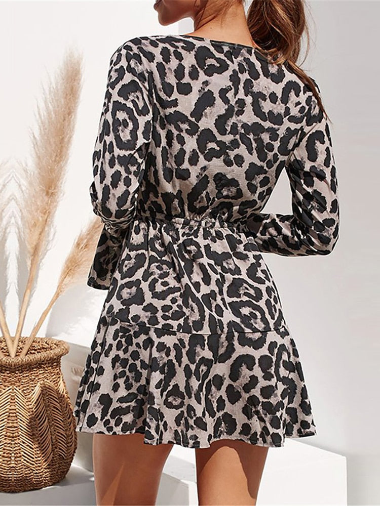 Sexy Women Summer Dress Leopard Print Boho Ruffle Beach Dresses