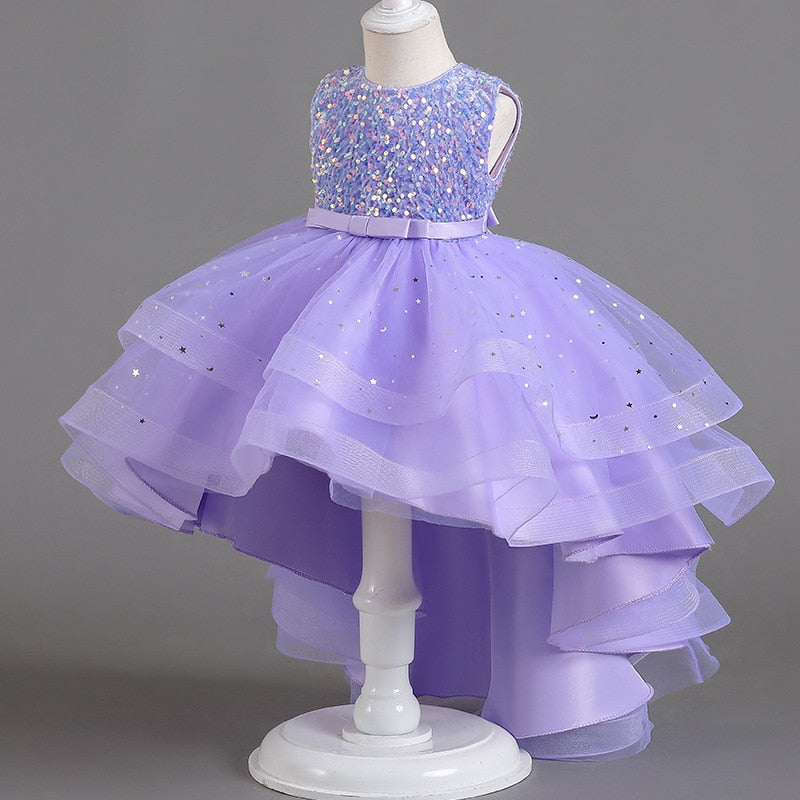 Glitter Sequin Hi-Lo Child Flower Girl Dresses Birthday Tulle Sleeveless Bow Starry Princess Kids Wedding Party Formal Gown