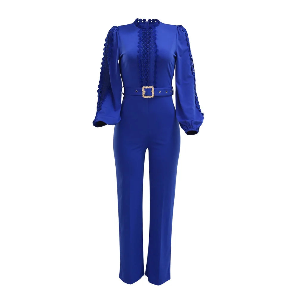 Chic Elegant Jumpsuits for Women High Neck Long Sleeve Hollow Out Top High Waist Straight Long Pant Party Club Wear with Belt