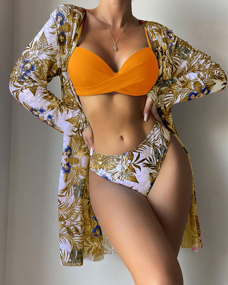 Floral Print Bikini Set Women Low Waist Twist Swimsuit Long Sleeve Cover Up Three Pieces 2023 Summer Beach Bathing Suit Swimwear