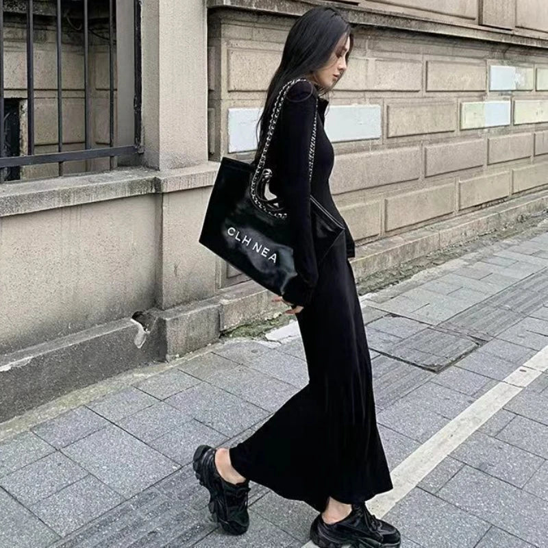 Women Basic Long Sleeve Dresses Zipper V-neck Pure Black Maxi Fashion Street Modern Sexy Female Spring Autumn Graceful Simple