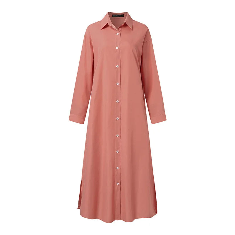 Elegant Long Sleeve Shirt Dress Women Dress Fashion Cotton Lapel Neck Dress Solid Single Breasted Maxi Dress Robe Femme Vestido