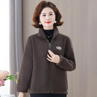Winter Mother's Attire New Jacket Middle-Aged And Elderly Women's Fleece-Lined Woolen Sweatshirt Warm  Stand Collar Top