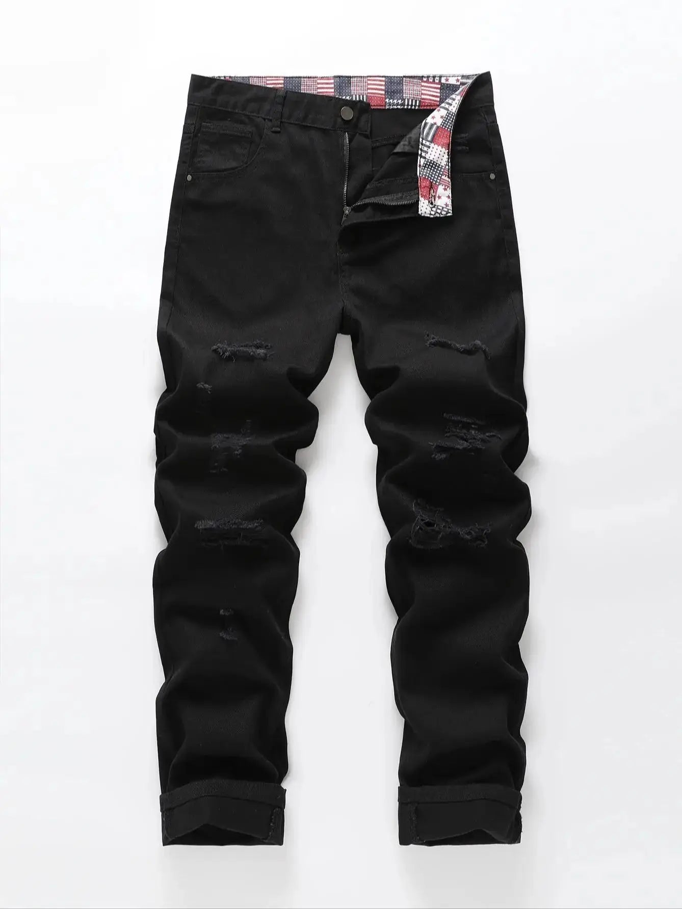 Men’s Slim Fit Ripped Black Jeans Distressed Casual Pants Streetwear Fashion Trousers USA Flag Print Waistband