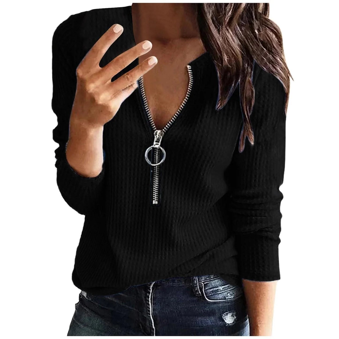 One-Handed Pullover Zipper Style Women's Shirt Long Sleeve Knitted Pure Color Casual Fashion Ladies' Top