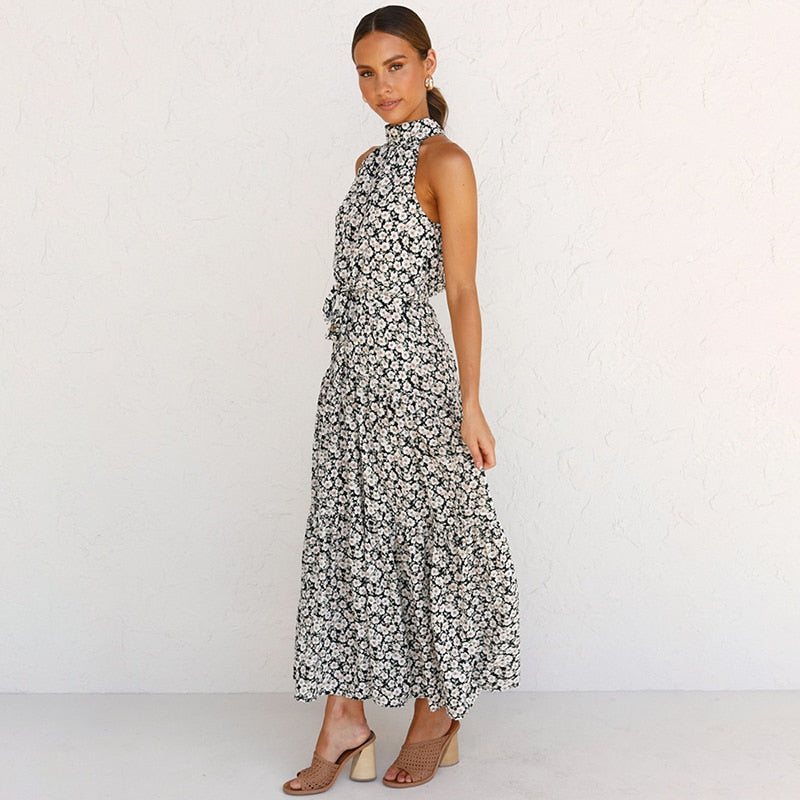 OUSLEE Summer Casual Long Dress Boho Style Halter Polka Dot Dresses Women Elegant Party Print Maxi Dresses Ladies Vestidos Mujer