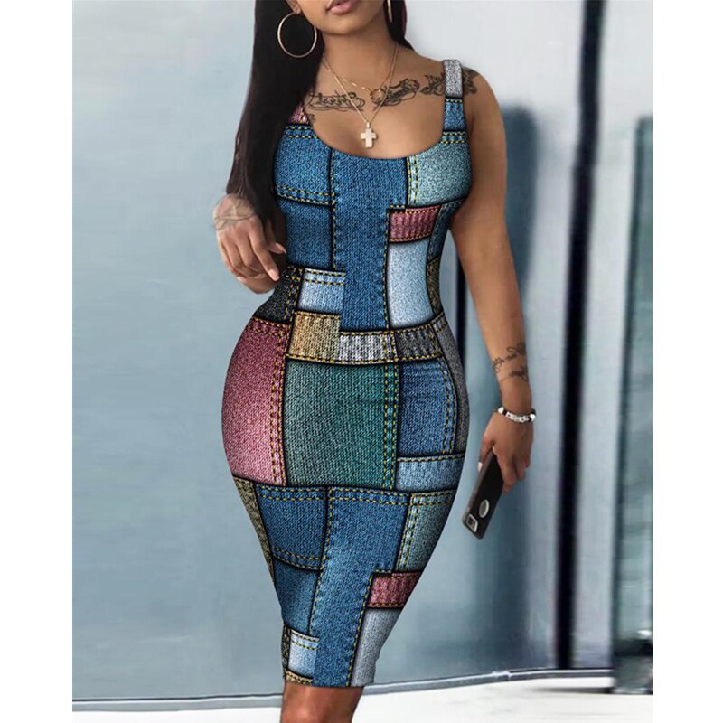 Elegant Denim Look Print Sleeveless U-Neck Bodycon Dress Women Vintage Casual Fashion High Waist Corset Slim Fit Dress