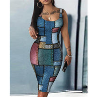 Elegant Denim Look Print Sleeveless U-Neck Bodycon Dress Women Vintage Casual Fashion High Waist Corset Slim Fit Dress